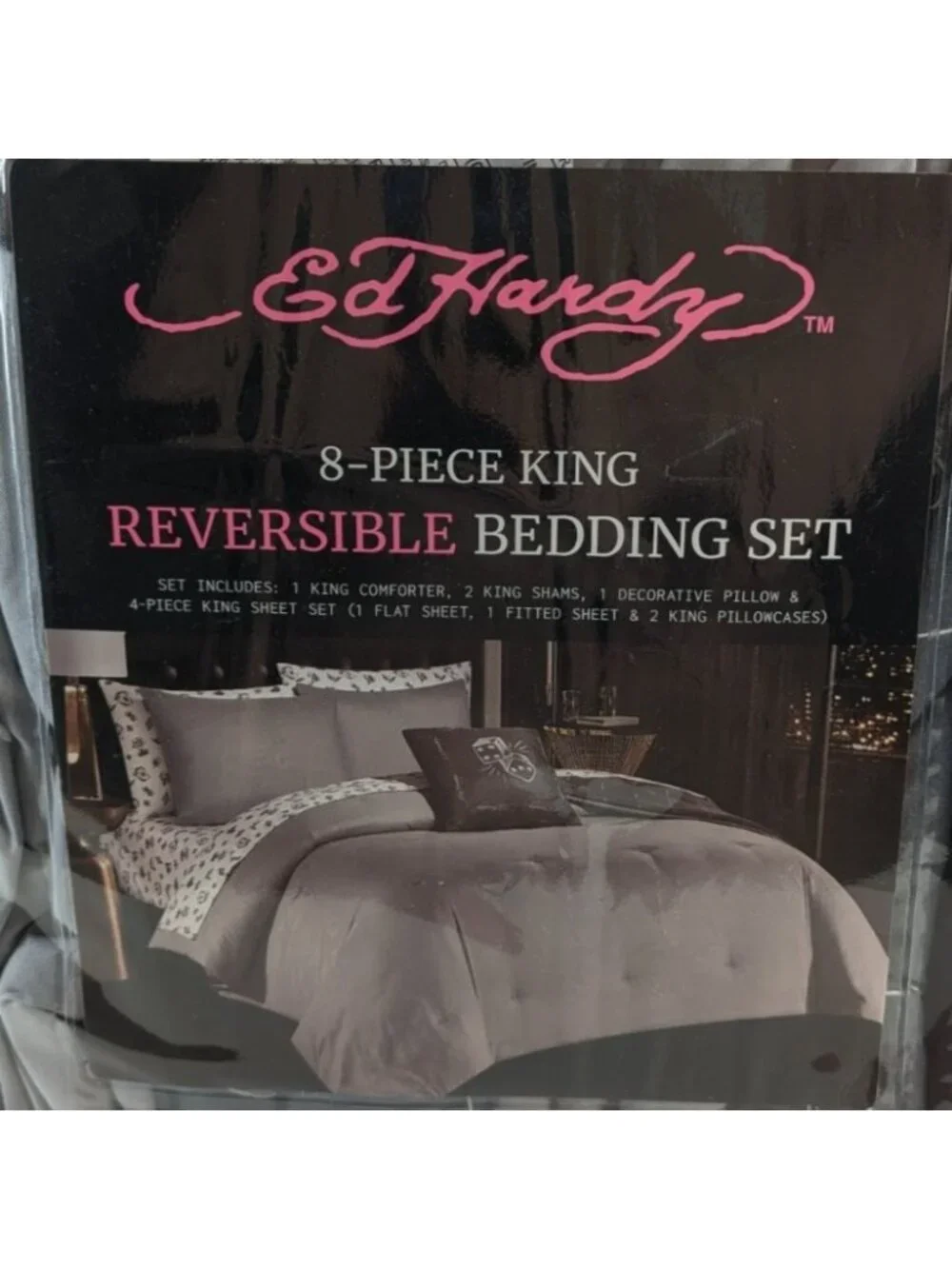 Ed Hardy King Comforter Set w Shams Pillow Sheets - Gray White Cards Dice Skull